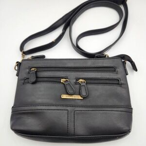 Stone & Co Crossbody Bag Black Faux Leather‎ Multi Zip Shoulder Purse